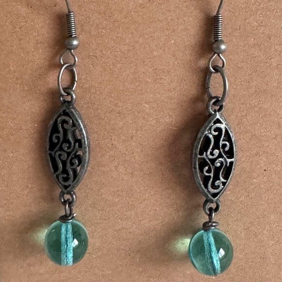 Indio Jewelry Aquamarine Glass Filigree Antique Silver Hook Earrings Item #321 - Picture 2 of 3